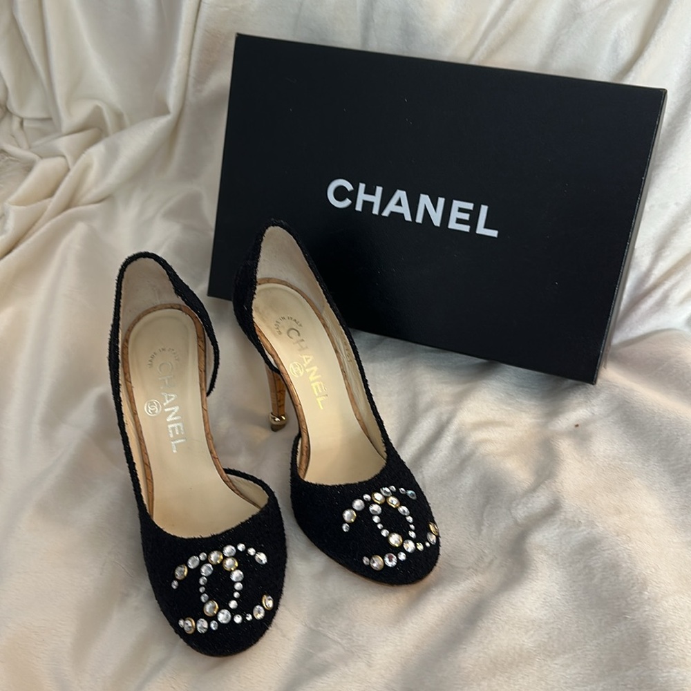 Chanel Black Women's Heels with Crystal Accents